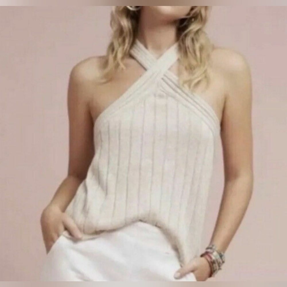 NWT Anthropologie Moth Meeka Metallic Knit Halter Top L Holiday Glam Festive